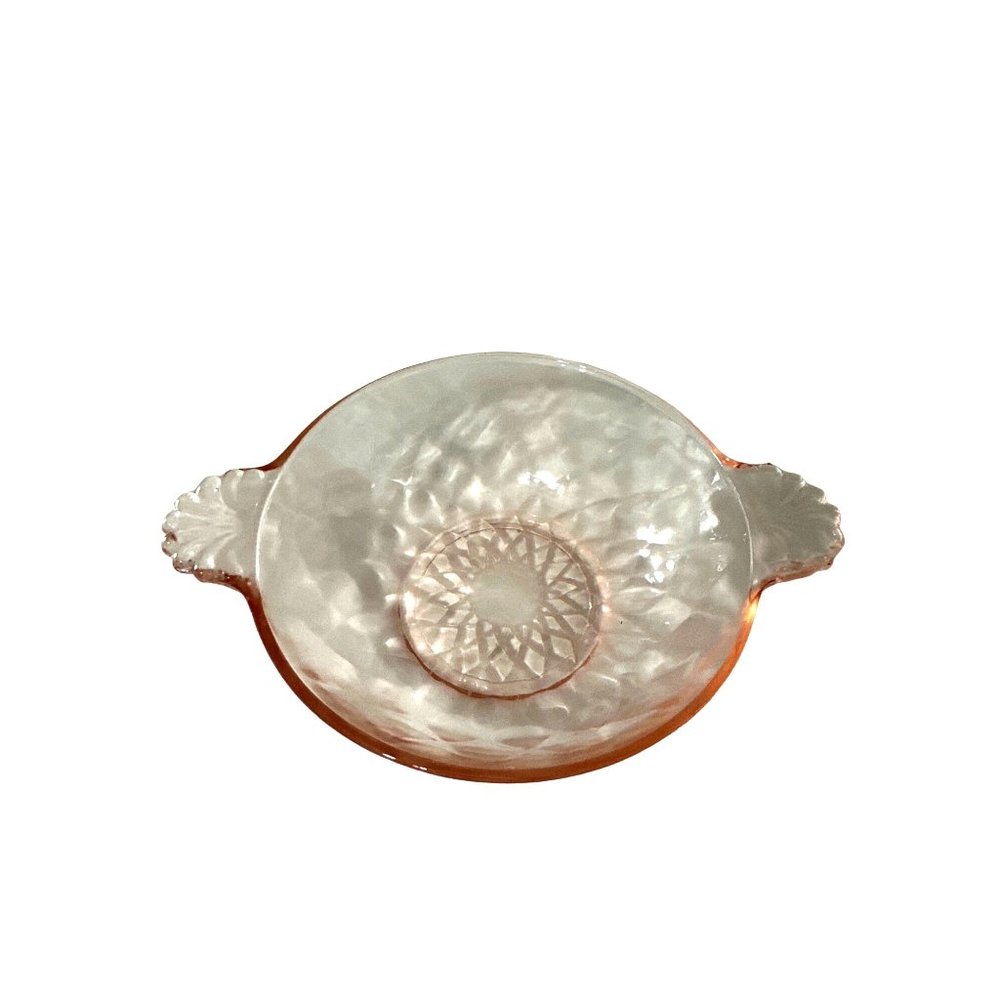 Vintage Anchor Hocking pink diamond pattern handled 4.5x1.5” dessert bowl